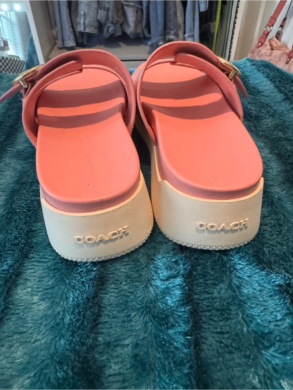 Coach Coral Pink Slide Sandals with Gold Hardware